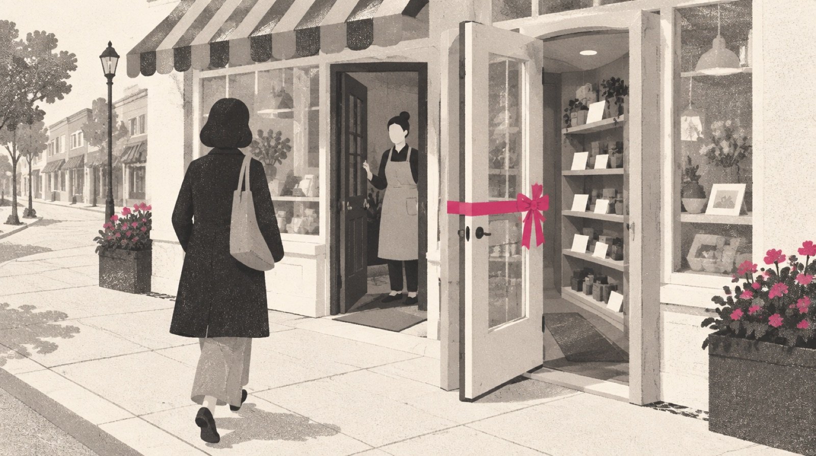 A shop's front door where a second, newer door has been built in front of it, so a customer walking up the path steps into a small side room full of display shelves before reaching the shop itself