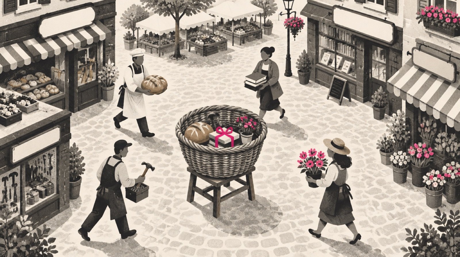 A single wicker shopping basket on a town square, with small shopkeepers from different storefronts each placing one item into it, one item wrapped in a magenta ribbon