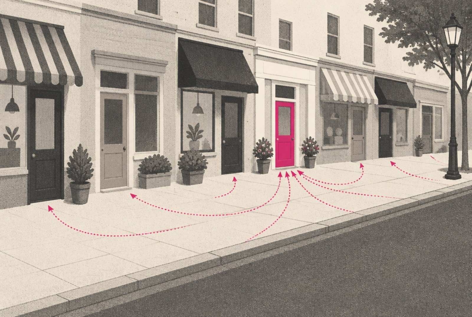 A row of storefront doors on a street, with arrows from the sidewalk bending toward one door painted magenta