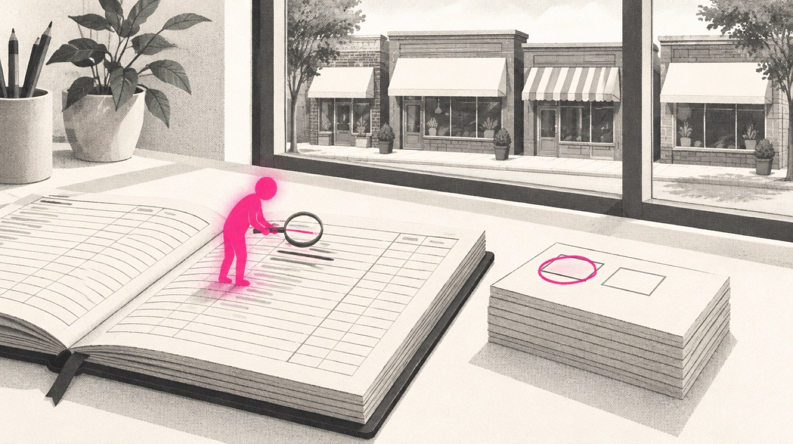 An agency worktable at dusk where a hand-kept ledger lies open beside a stack of printed ad cards, each with two small grade boxes, and a small glowing magenta figure checks one figure on the page with a magnifying glass