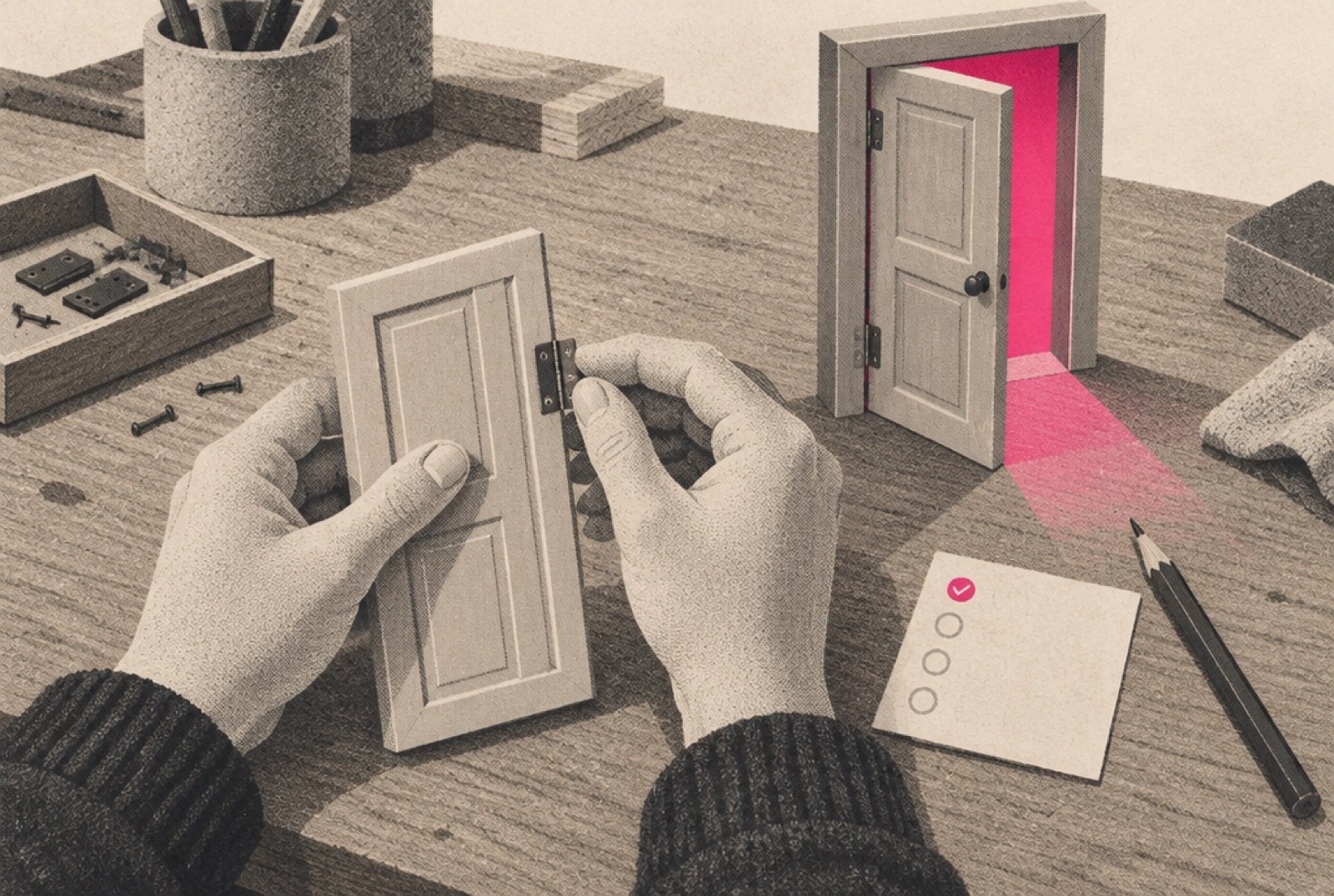 A tidy workbench in the back room of a studio where a row of small model storefront doors stands in a line; a craftsperson's hands, seen from behind, fit a new hinge on one door while the finished door beside it stands open with magenta light