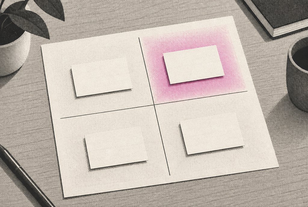 An illustrated two-by-two grid on a sheet of paper on a desk, with small ad cards placed in each square and one square shaded magenta