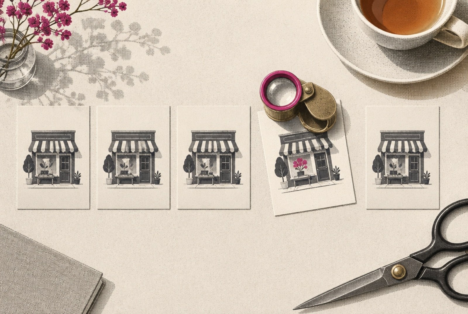 Several printed cards about the same small spa laid side by side on a salon table under a warm lamp, all matching except one, which a brass jeweler's loupe rests on