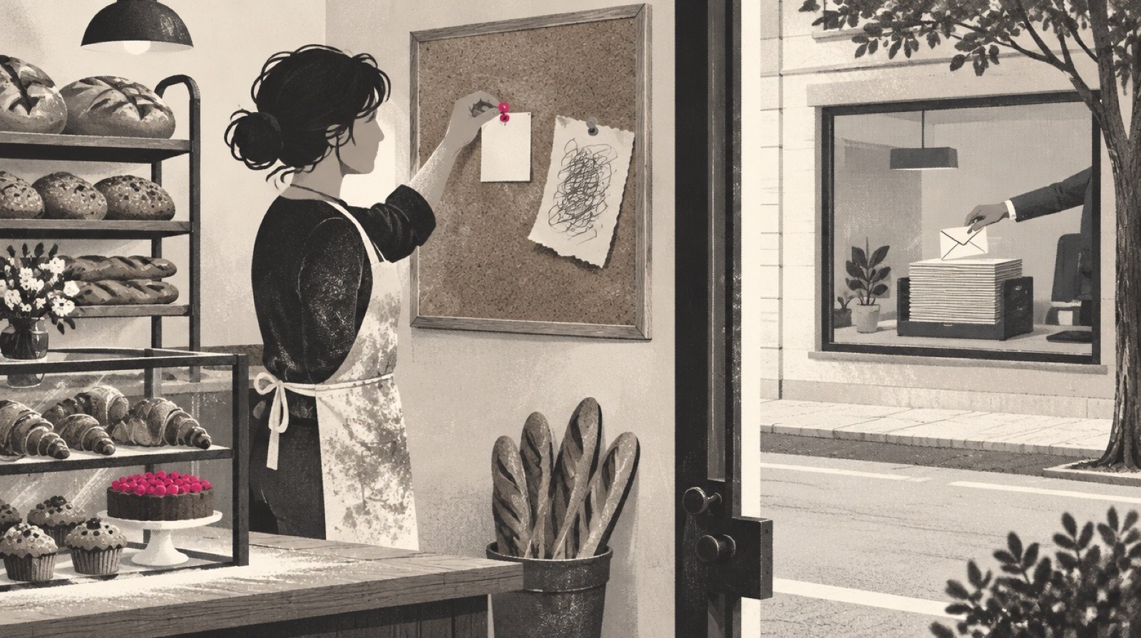 A bakery owner pinning a calm handwritten note beside a torn complaint card on a community corkboard, while a tall stack of identical sealed envelopes waits unopened in the town clerk's tray
