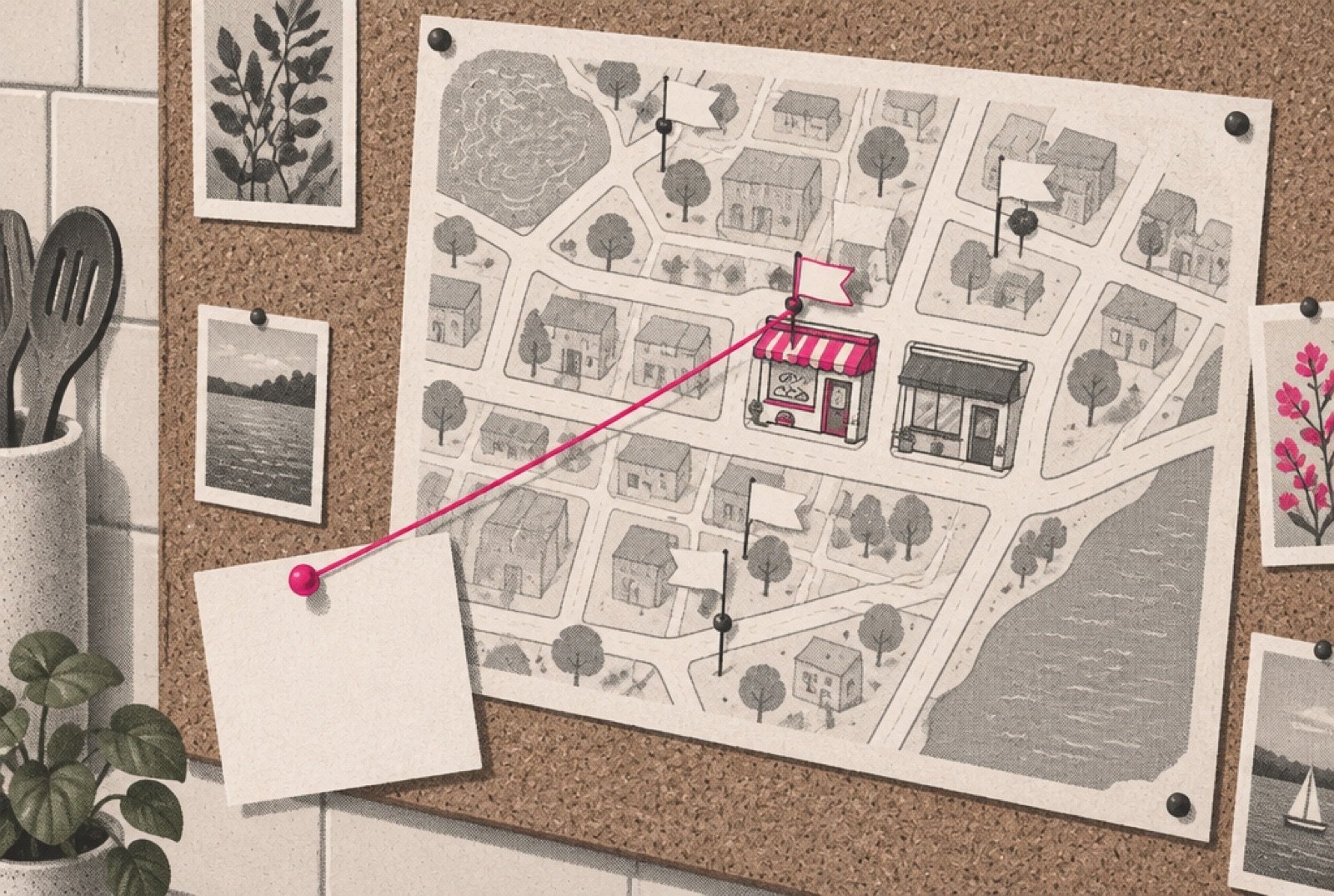 A kitchen corkboard holding a hand-drawn neighborhood map with a few small paper flags marking saved spots, and a single magenta thread stretching from a pinned appointment card to the closest flag, a small bakery on the corner
