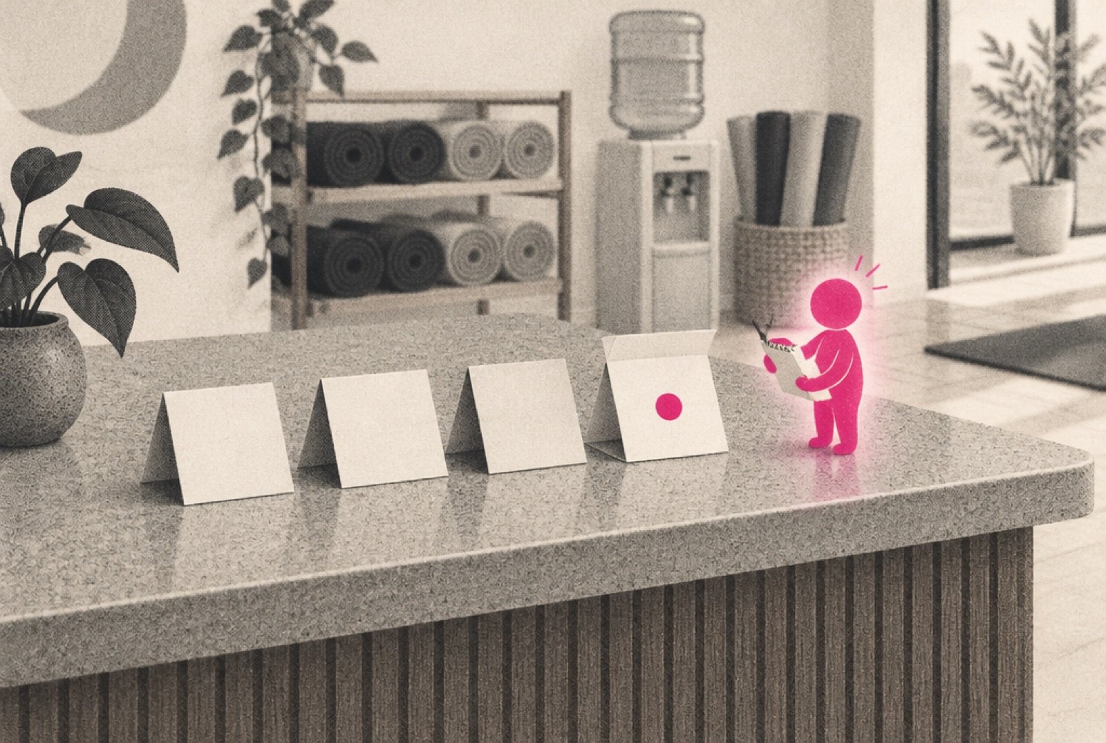 A studio reception counter with four small folded cards in a row, three blank and shut, one open with a magenta dot, while a small glowing magenta helper figure with a notepad takes down an answer