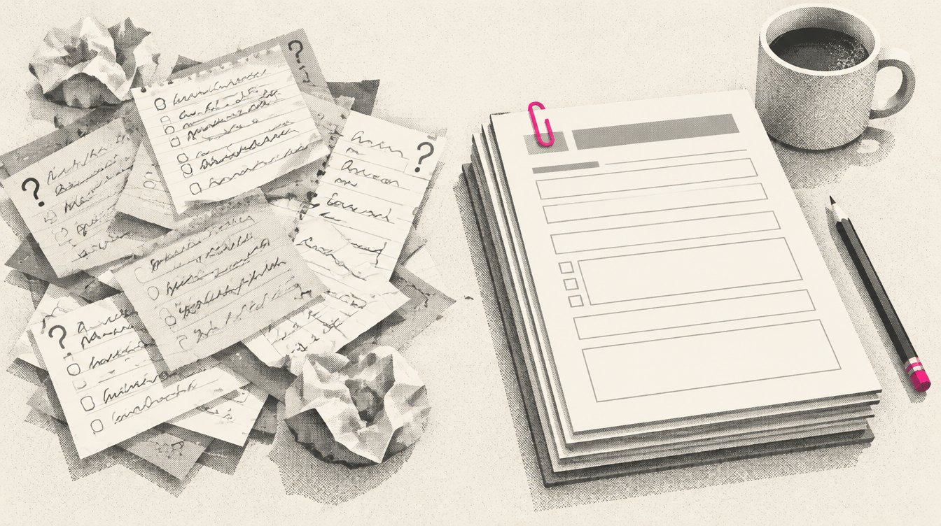 A long agency worktable covered in a fanned-out stack of old paper request slips, with a neat set of new printed forms beside them and one magenta paperclip holding the top form