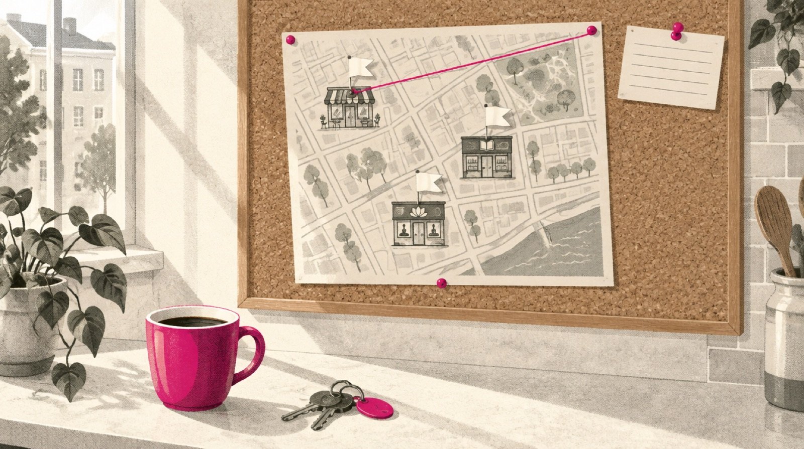A neighborhood street map pinned to a corkboard in a kitchen, where a few small paper flags mark saved spots and a single thread runs from a pinned appointment card to the nearest flag, a little café