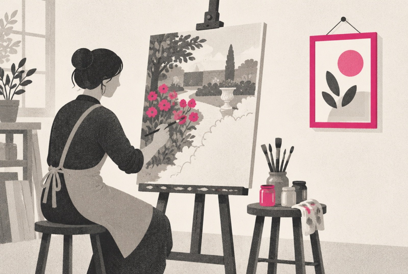 A small painting studio where an artist works at an easel on a half-finished picture of a garden, while beside the easel, on its own hook, hangs a neat framed card with a magenta border