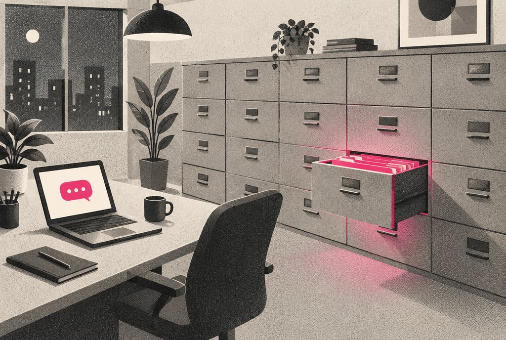 A franchise office at night with a row of locked filing drawers, one per location; a single drawer glows magenta and stands open while the rest stay shut.