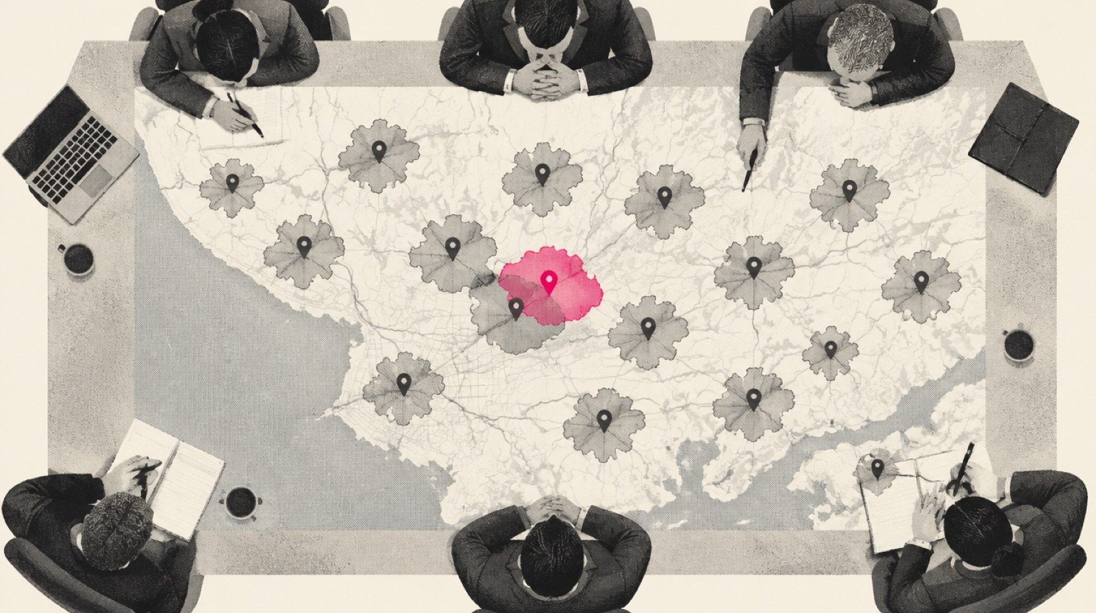 A wide regional map on a boardroom table with many small pins, each pin surrounded by an irregular drive-time shape, two shapes overlapping where a magenta pin for a proposed site sits between them