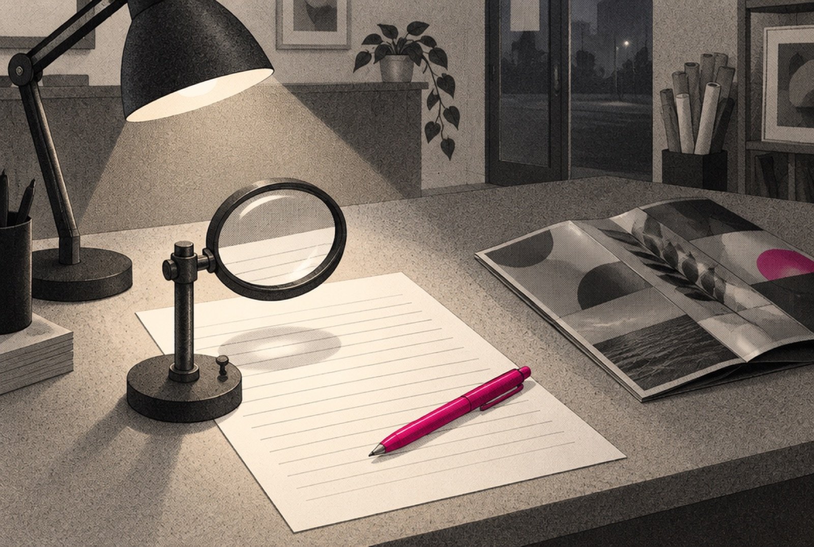 A front counter at a small fitness studio after hours, lit by one reading lamp, where a mechanical magnifying glass on a stand moves along a neatly printed sheet while a brochure full of glossy photos lies ignored beside it