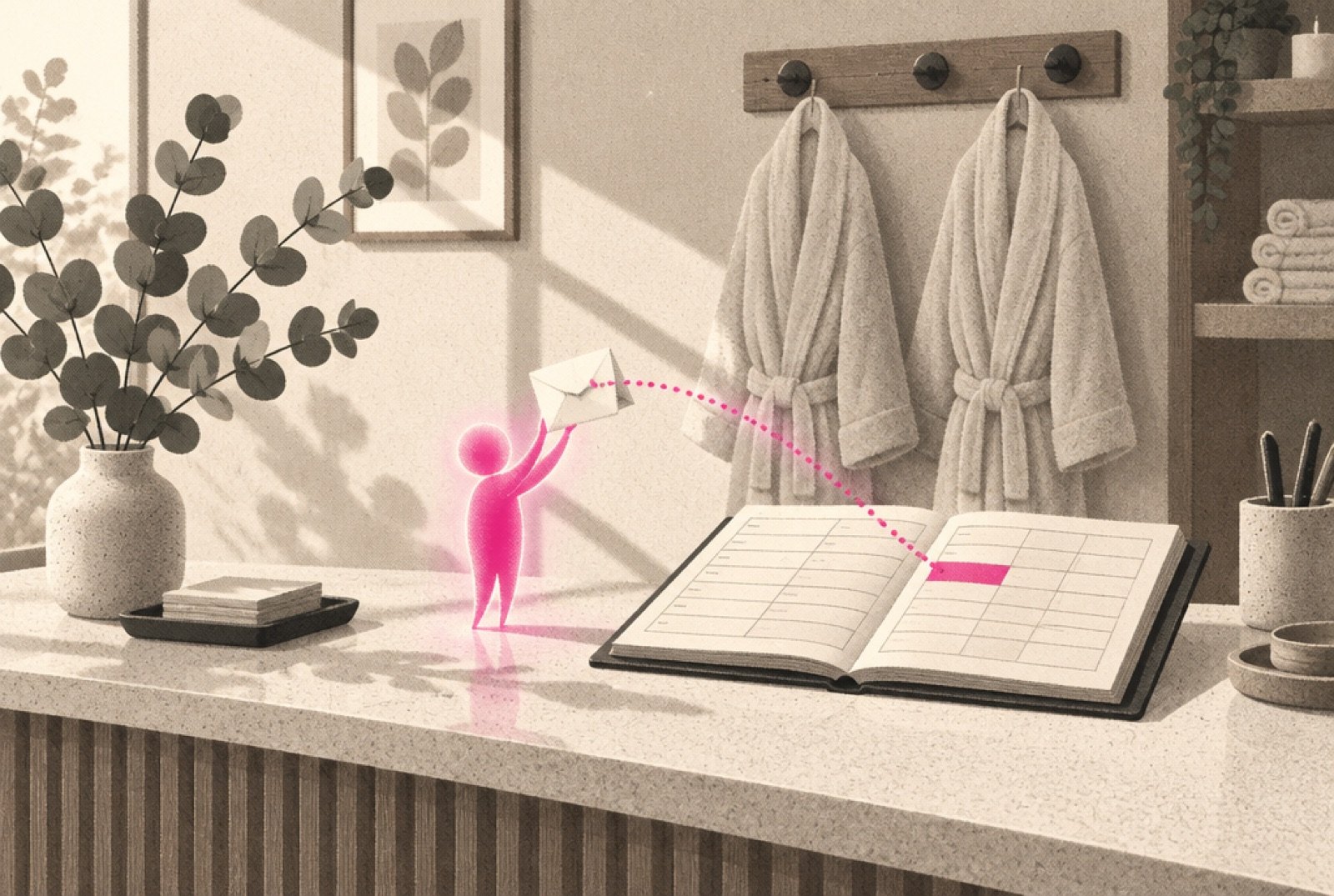 A front desk at a small day spa where a tiny glowing helper stands on the counter holding a folded note, while the appointment book behind it already has one slot quietly filled in
