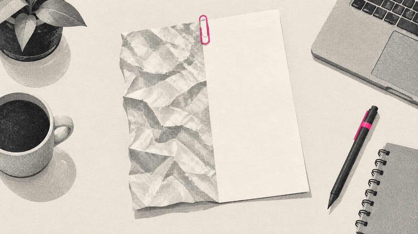 A split sheet of paper on a planning desk, the left half rough and crumpled, the right half smooth, with a single magenta paper clip joining them
