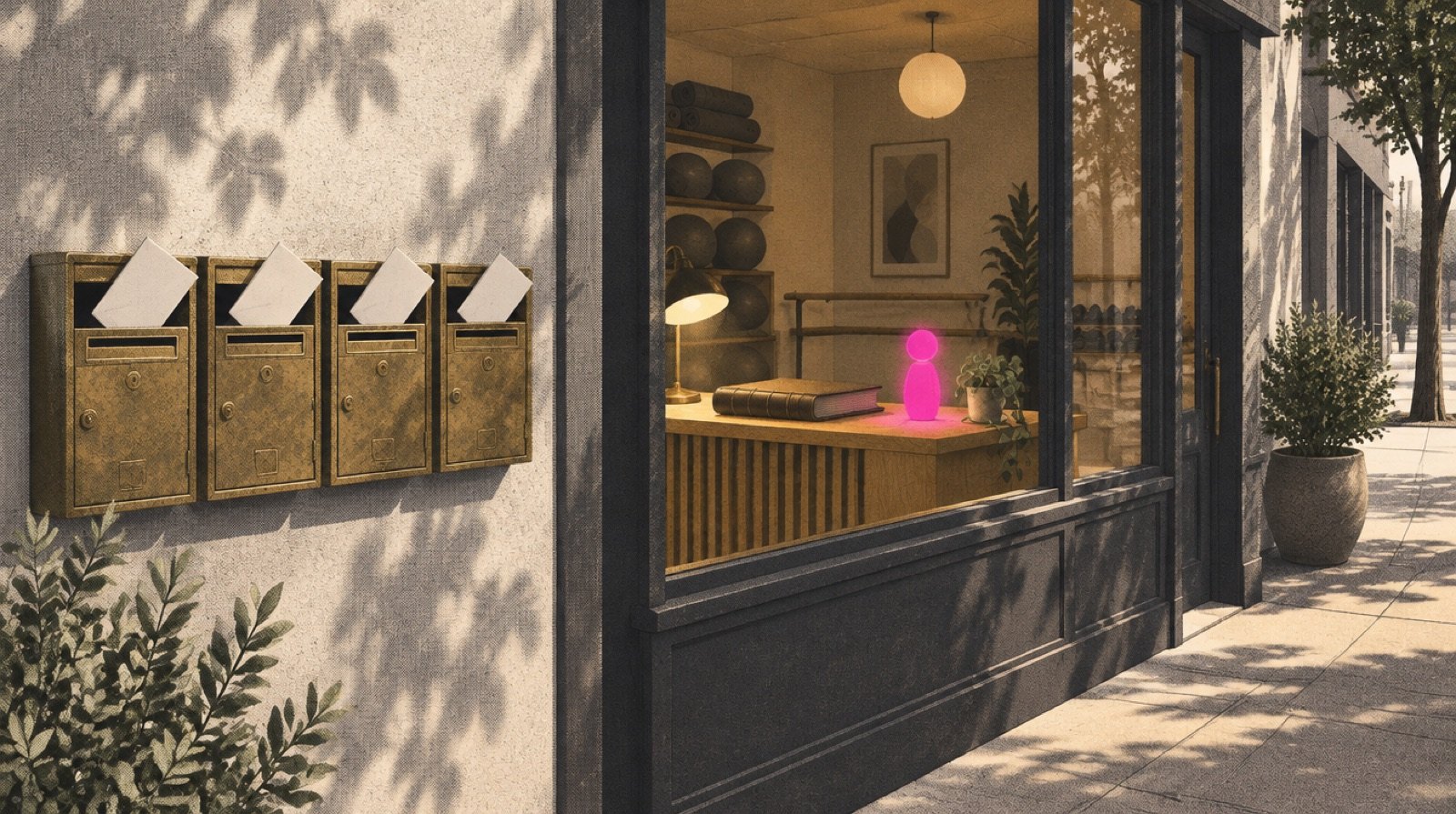 A row of brass mailboxes outside a small fitness studio where each envelope sticking out of a slot is blank, while a single sealed ledger sits safely on the studio's own front desk inside