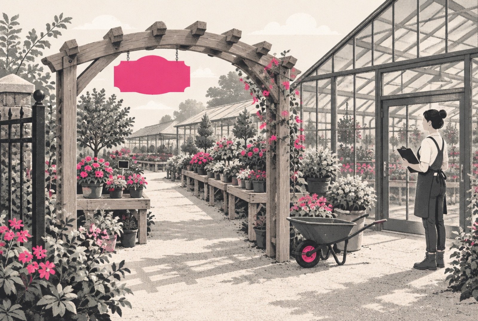 A garden center path where a new wooden archway has been built just inside the gate, lined with display tables that steer visitors to one side before they reach the main greenhouse door