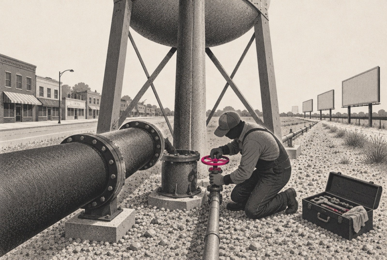 A small town water tower with three pipes running into the streets below, and a plumber fitting a new hand wheel valve onto the thinnest pipe, which runs off toward a row of distant billboards on the edge of town