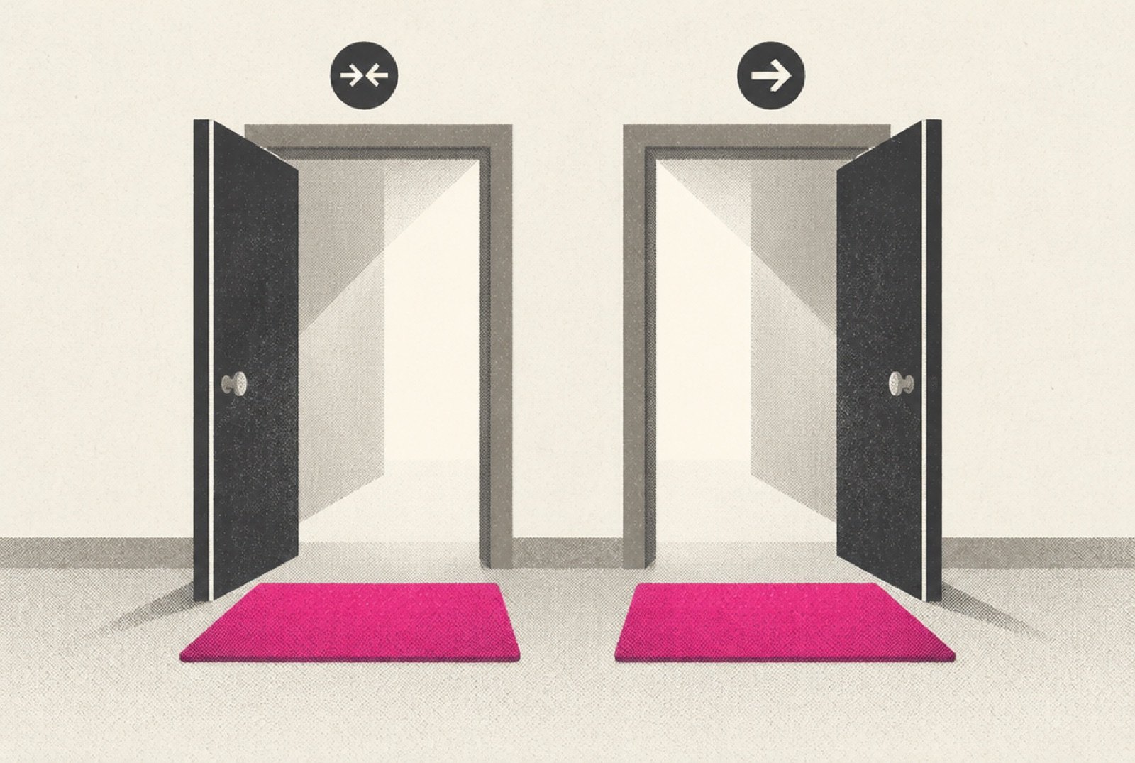 Two identical open doors side by side, one marked with a join arrow and one with an exit arrow, a magenta mat in front of each