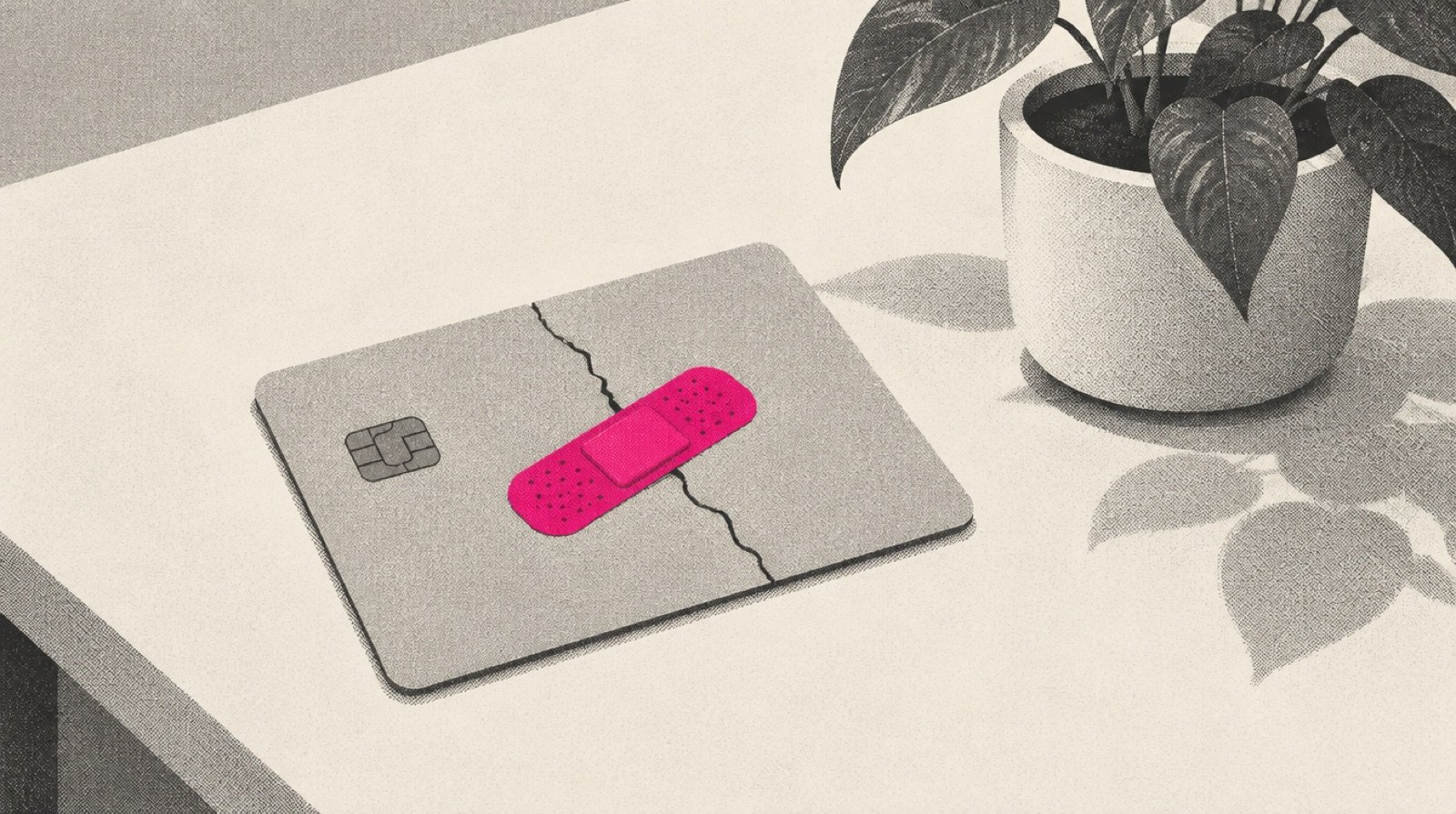 A cracked payment card on a studio desk, patched with a magenta bandage, a potted plant beside it