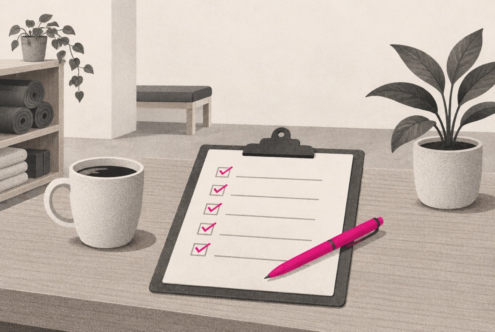 A tidy wellness studio front desk with a five-line checklist on a clipboard, a coffee cup and a magenta pen