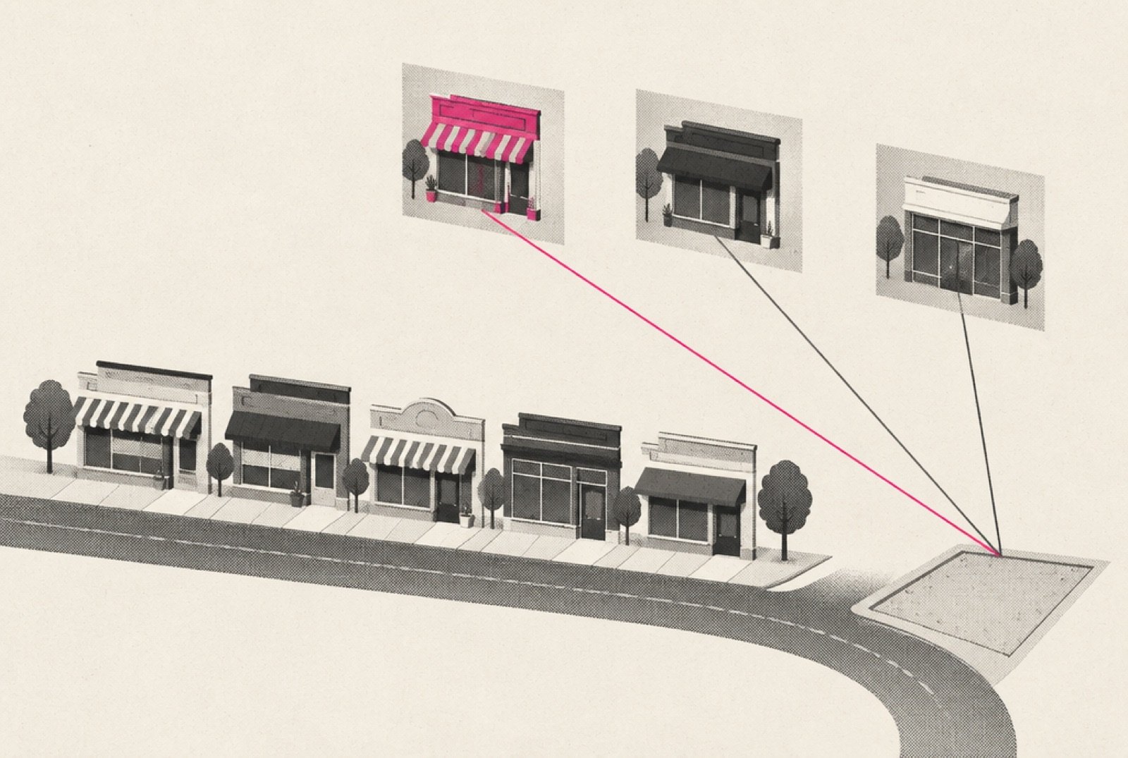 A row of storefronts drawn as small cards along a road, with three cards lifted slightly above the row and joined to an empty lot by thin lines, one line in magenta