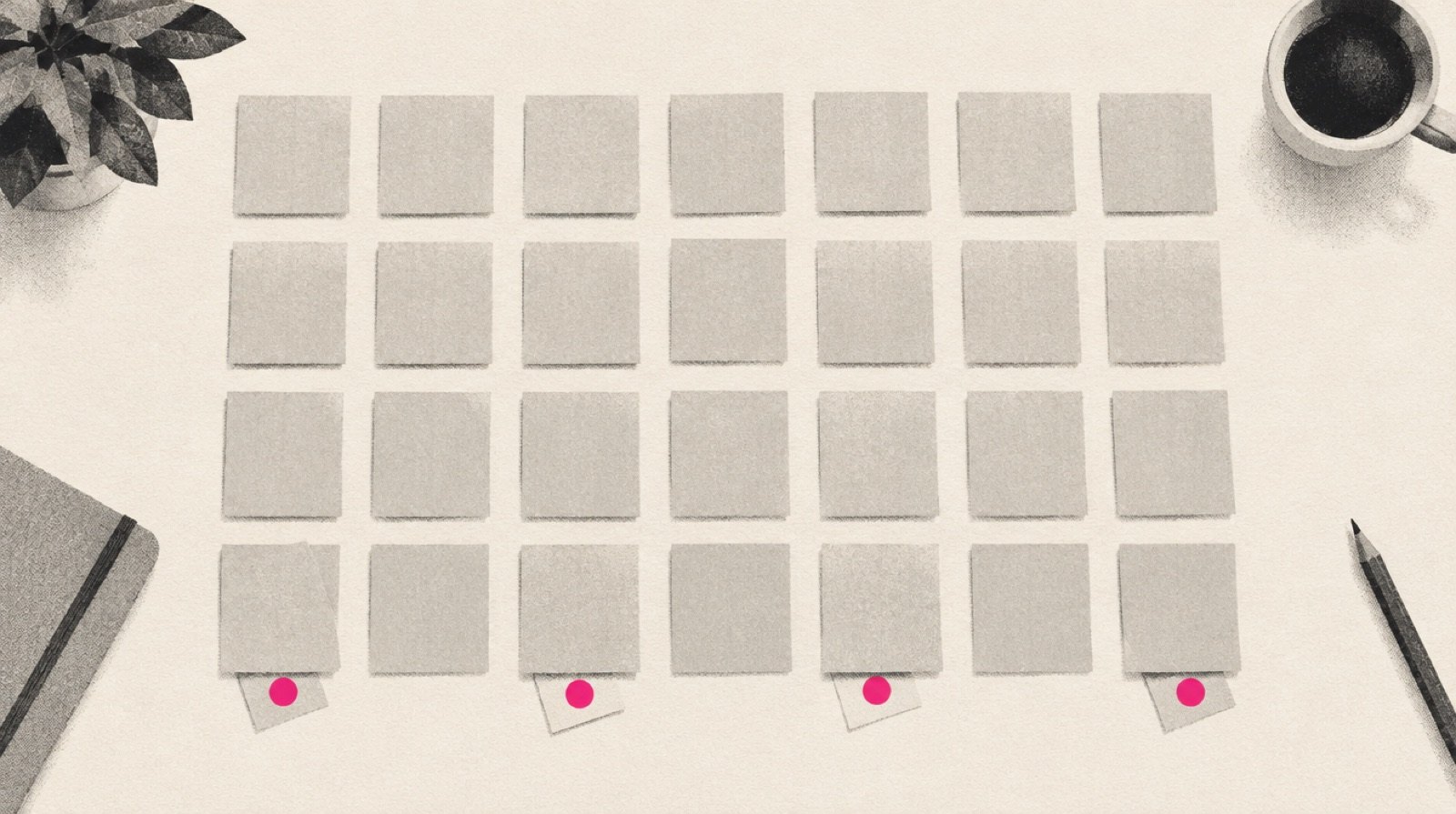 Rows of small grey paper ad cards on an off-white table, with a few small cards near the edge marked by a magenta dot