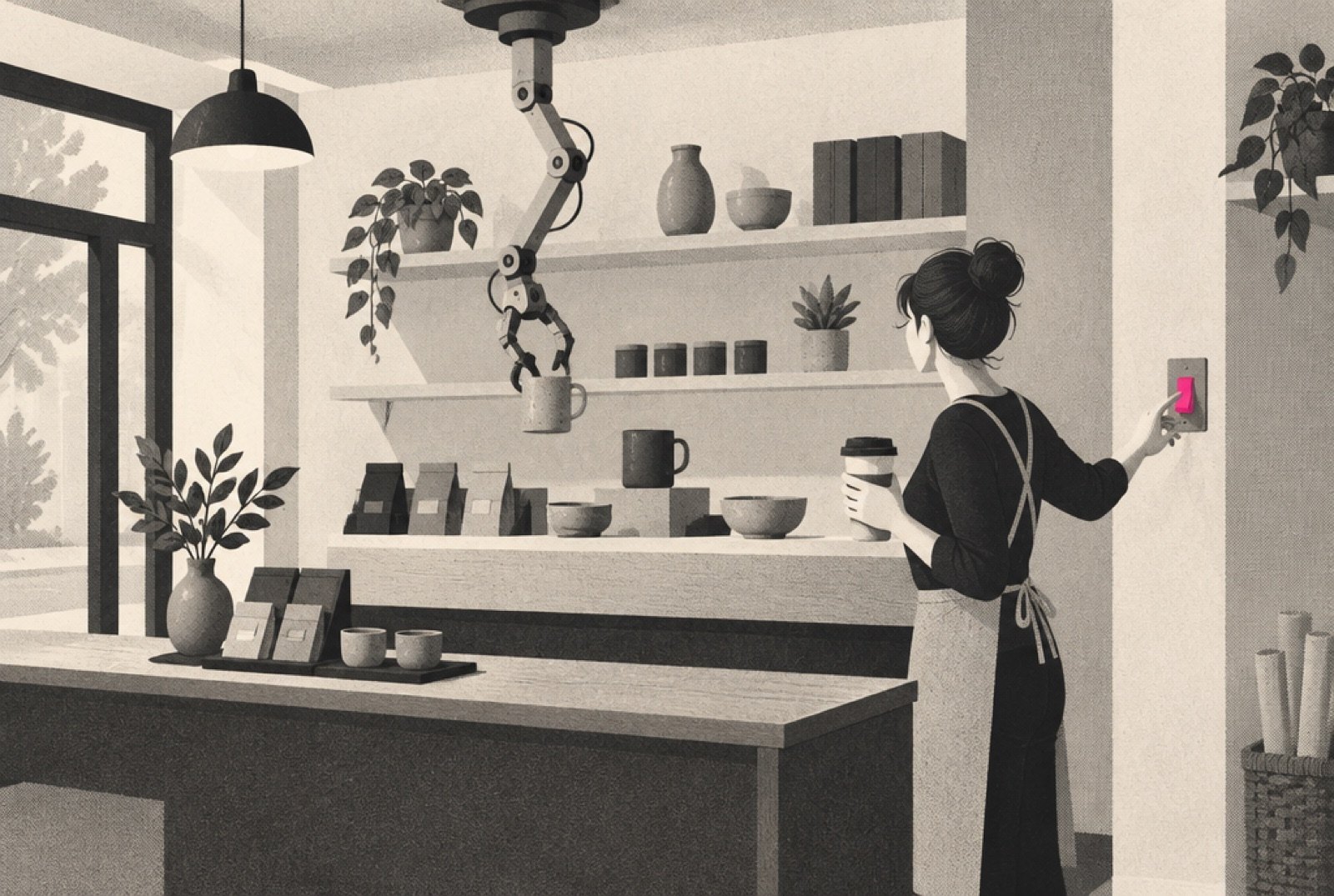 A small business counter where a mechanical hand is quietly rearranging the items on display while the owner, coffee in hand, notices and reaches for a magenta switch on the wall