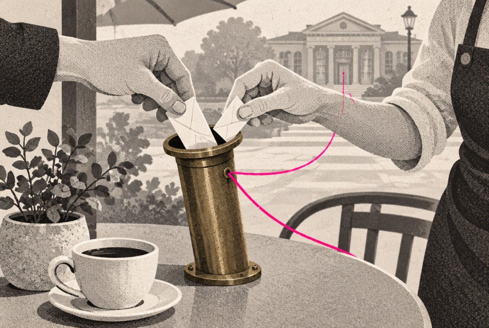 A cafe terrace on a main street where people chatting at tables drop paper notes into a pneumatic tube that runs straight up the road to the town library, while across the street a lone letter sits in a slow mailbox