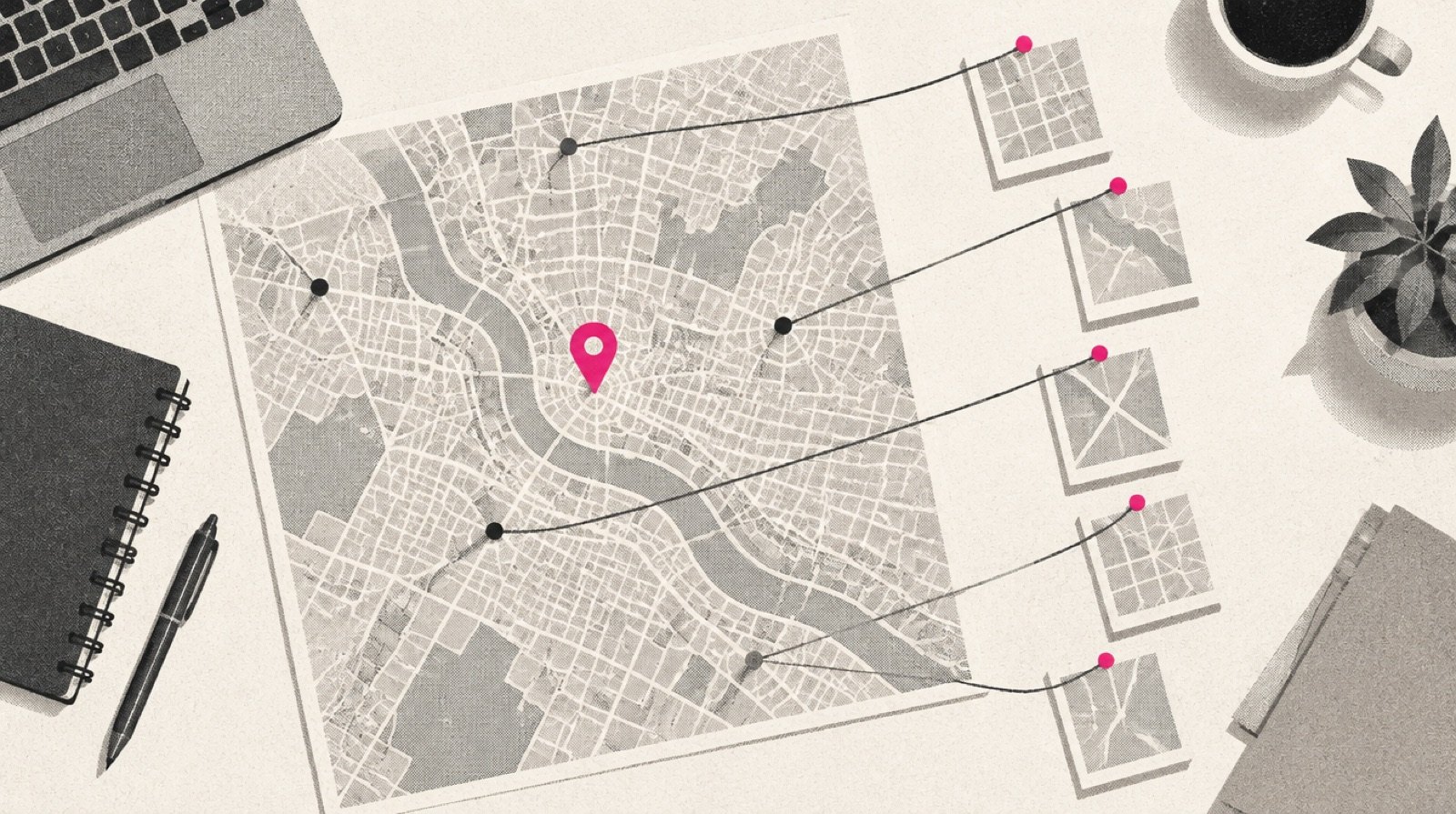 A franchise development desk with a large paper map, one empty magenta pin for a proposed site, and a short row of location cards laid out beside it, each card linked to the map by a thin grey thread