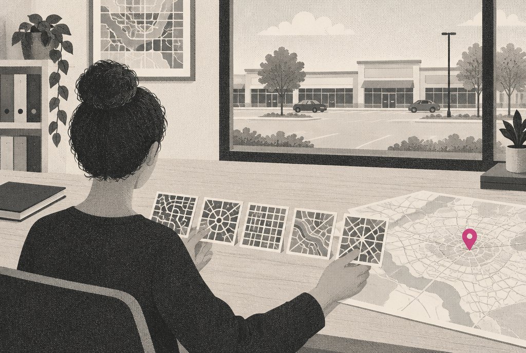 An illustrated franchise development office where a person lines up small cards, each showing a simple street grid, beside a paper map with one magenta pin