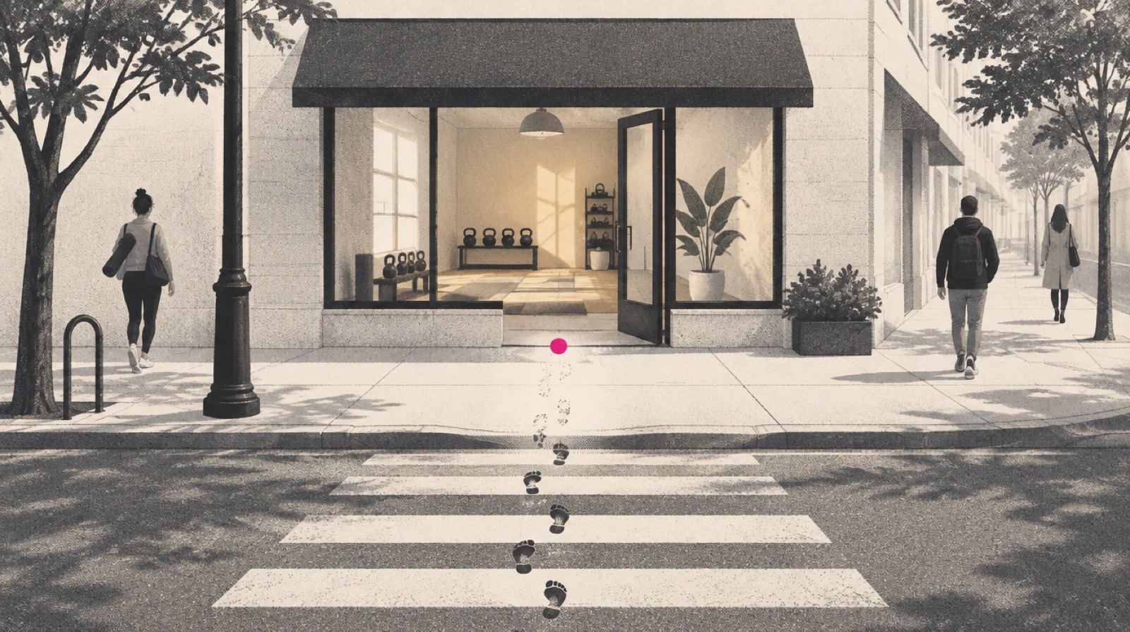 A studio's front door with muddy footprints leading in from the street, except the trail fades out halfway down the sidewalk, where a small magenta dot sits on the pavement