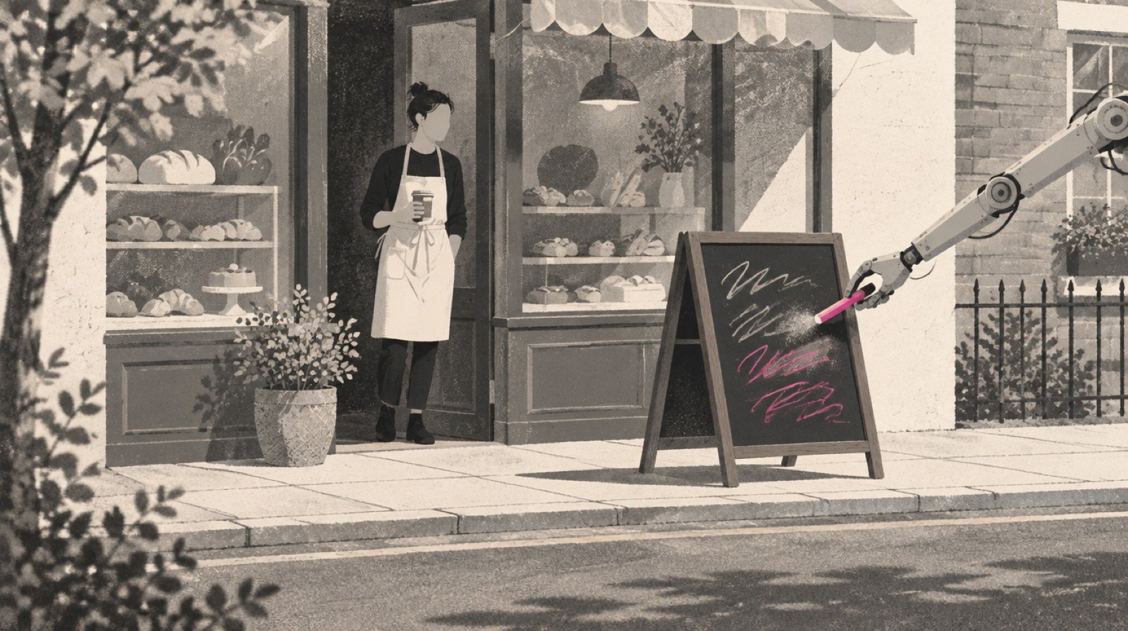 A small bakery's chalkboard sign on the sidewalk, where a mechanical arm reaching in from the edge of the frame is quietly rewriting the words while the owner watches from the doorway with a cup of coffee