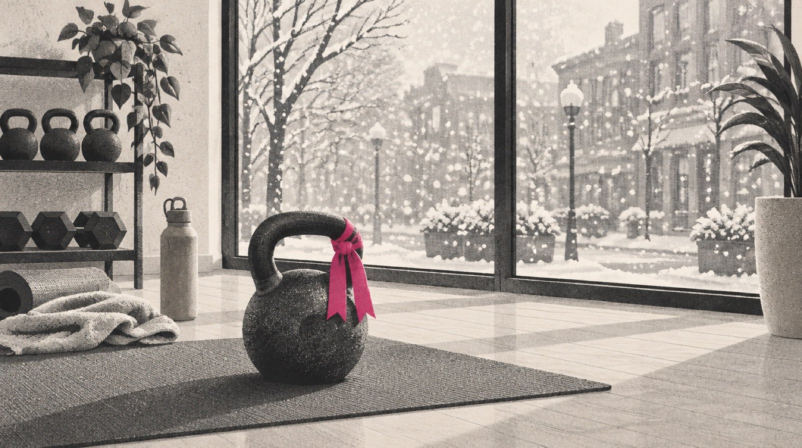 A quiet studio by a snowy window, a single kettlebell on a mat with a magenta ribbon tied to its handle like a bookmark