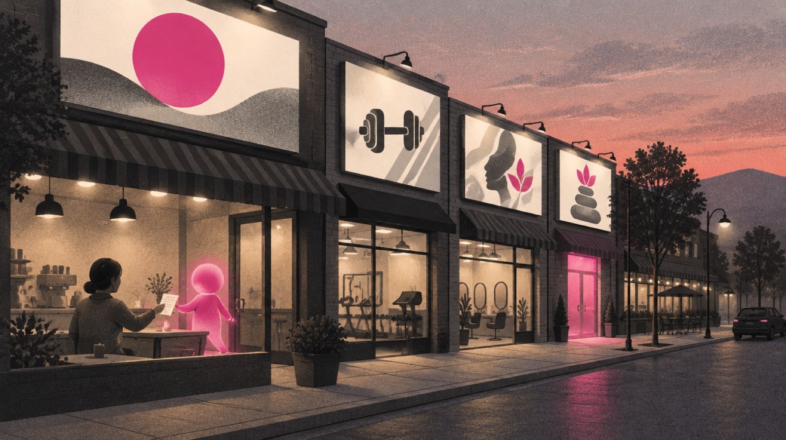 A busy street of storefronts with bright billboards overhead, while inside one cafe window a person hands a short paper list to a small glowing magenta helper figure that is already heading out the door