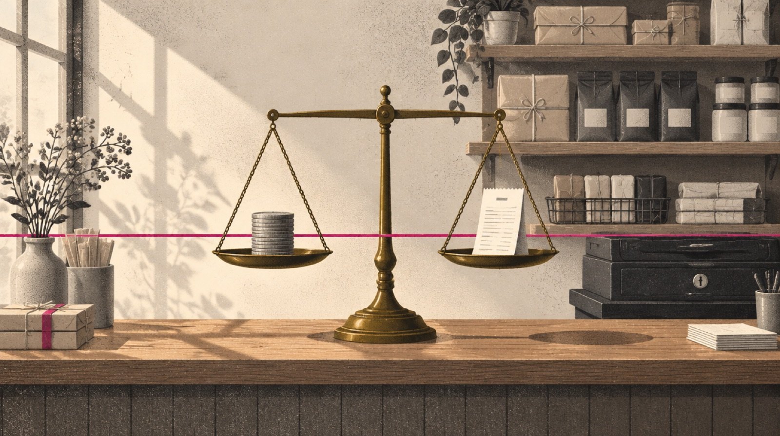A shop counter with an old balance scale, a stack of coins on one side and a single sale receipt on the other, with a thin magenta line marking the exact point where the scale levels out
