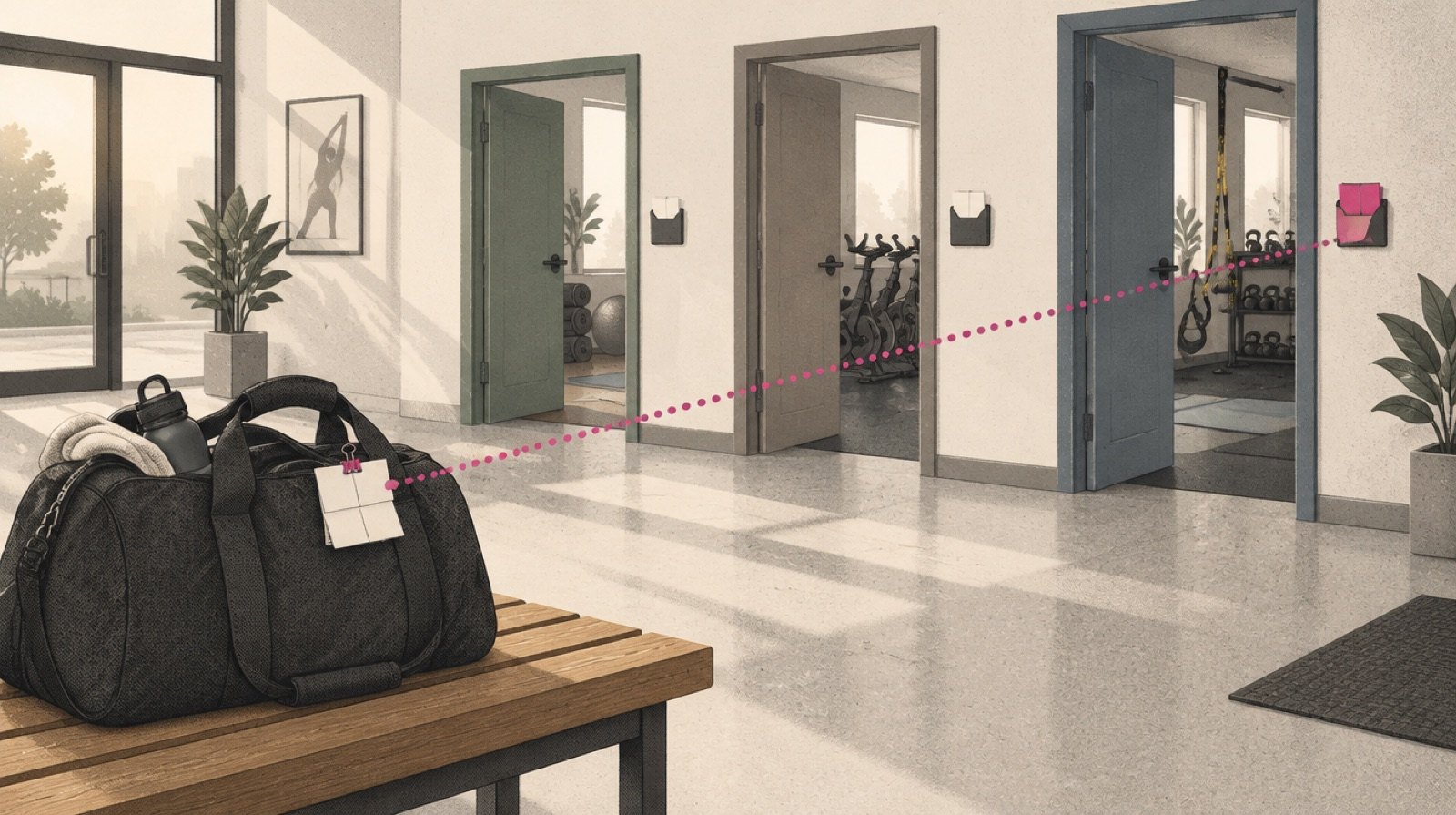 A neatly packed gym bag on a bench with a small folded note clipped to its handle, while across the room three studio doors stand open and only one has a matching note pinned beside it