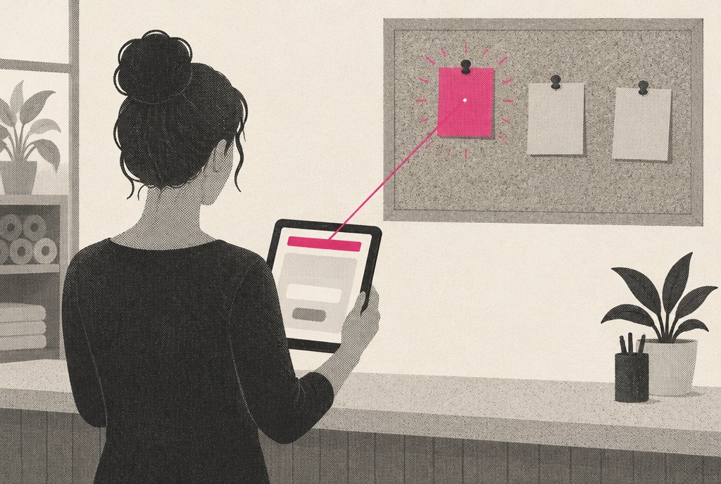 A franchise owner at a studio front desk holding a tablet, granting access on a page that shows their own location's name, while a sorted row of grey and magenta tags hangs on the wall behind them
