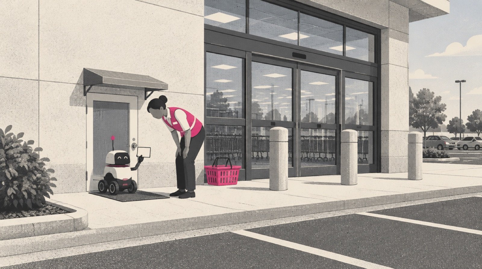 A big-box store's front entrance with a second, smaller door built beside the main doors, sized for a tidy little delivery robot that waits on a mat while a greeter checks a card it holds up