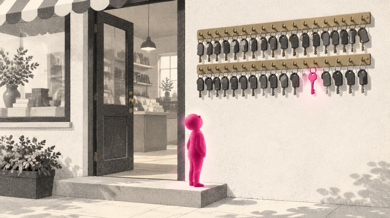 A shop doorway in daylight with a long brass key rack beside it where nearly every hook holds a key with a dark tag, while one magenta key hangs on its own and a small glowing magenta figure studies the rack