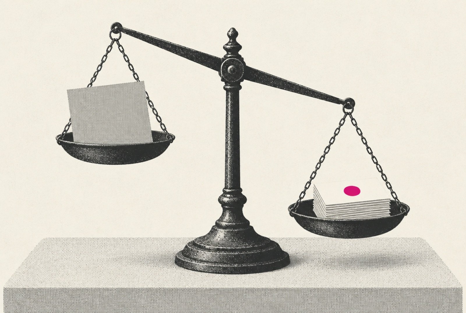 Brass balance scales on an off-white table, one pan holding a large grey card and the other a small stack of cards with one magenta dot, sitting lower