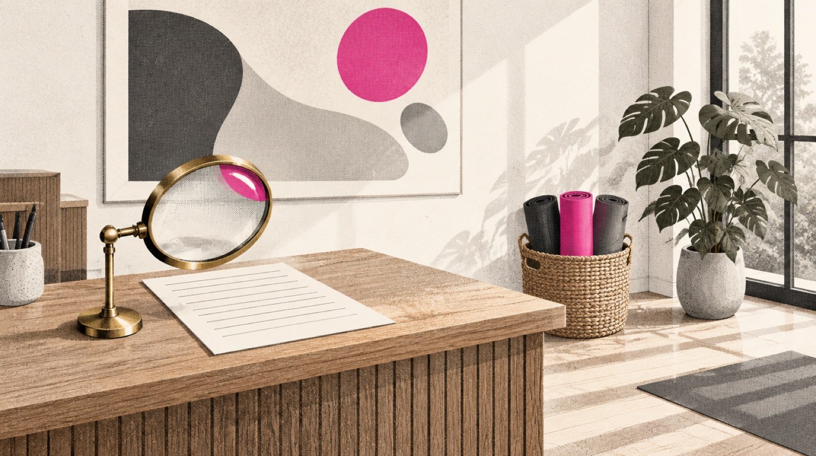 A bright boutique studio in morning light where a magnifying glass on a brass stand examines a plain ruled sheet on the front counter, while a glossy poster on the wall behind it goes ignored