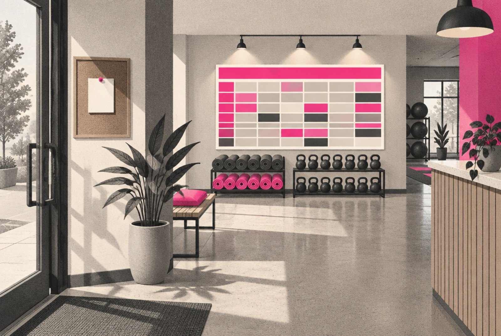A boutique fitness studio's lobby where a small corkboard by the door holds one pinned card, while the studio's own big booking board on the far wall is lit and clearly the main attraction