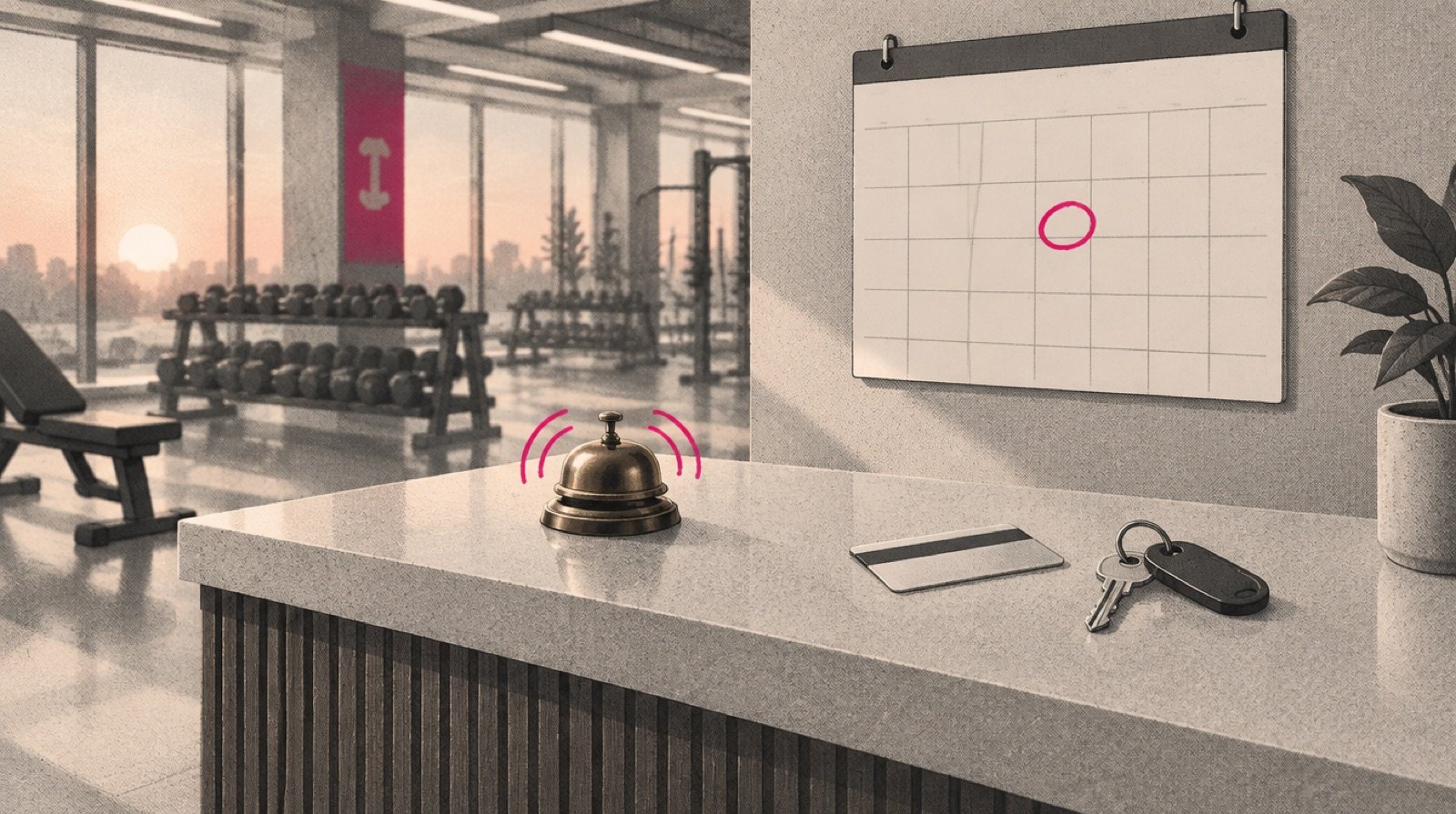 A quiet gym lobby at dawn where a small brass bell on the front desk is already ringing on its own, next to a wall calendar with one square circled in magenta and a membership card lying face down