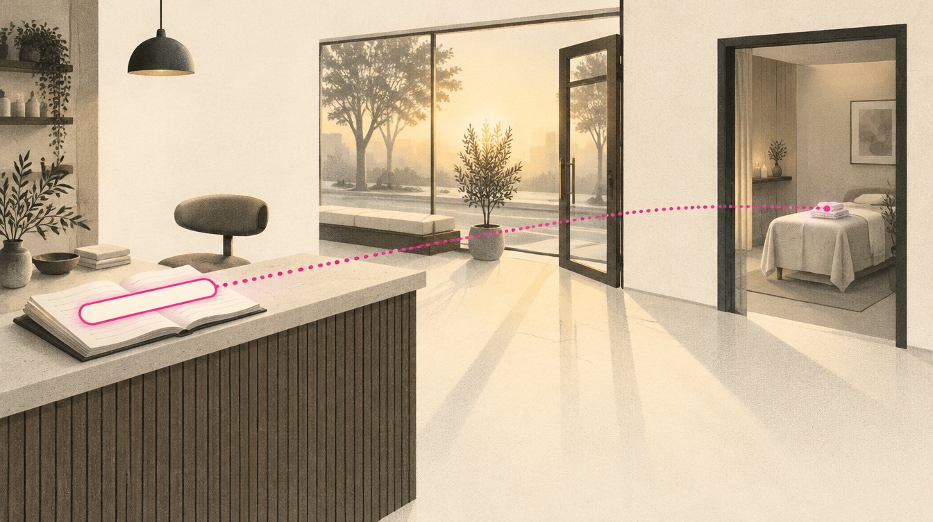A front desk where the appointment book has turned into a search box, with a magenta dotted line running from the box straight to an open treatment room, past the shop window