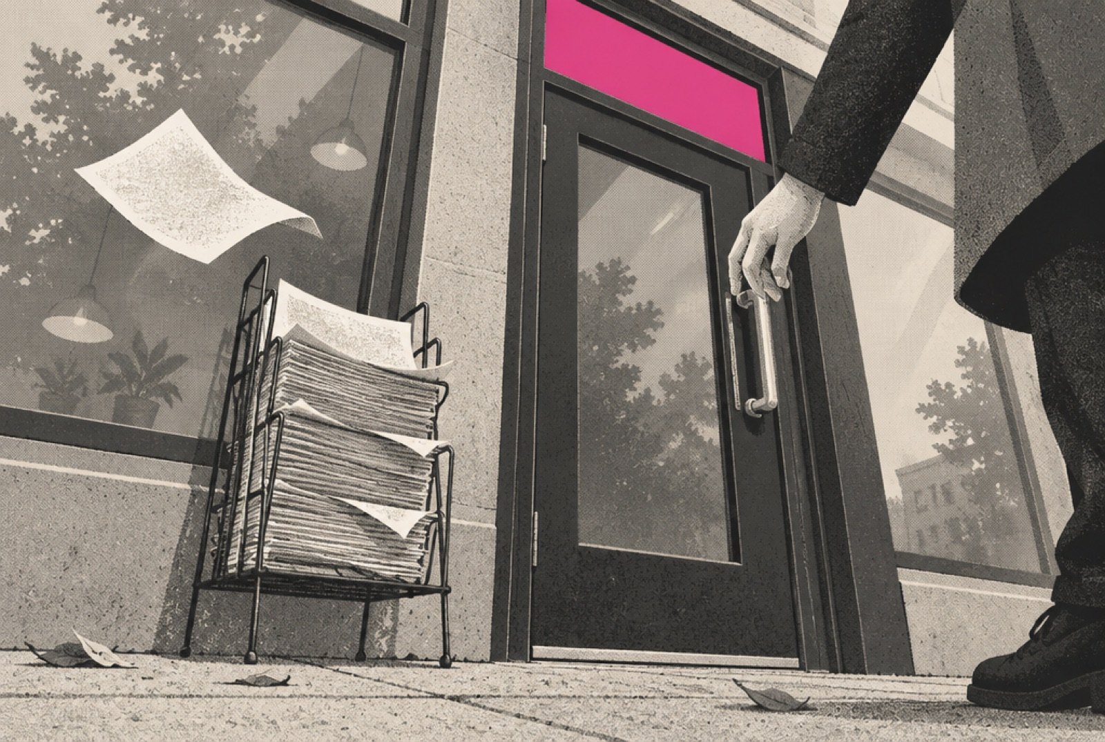 A row of small shops on a main street, one door marked with a clear magenta address plate, while a rack of photocopied directory flyers sits on the sidewalk outside