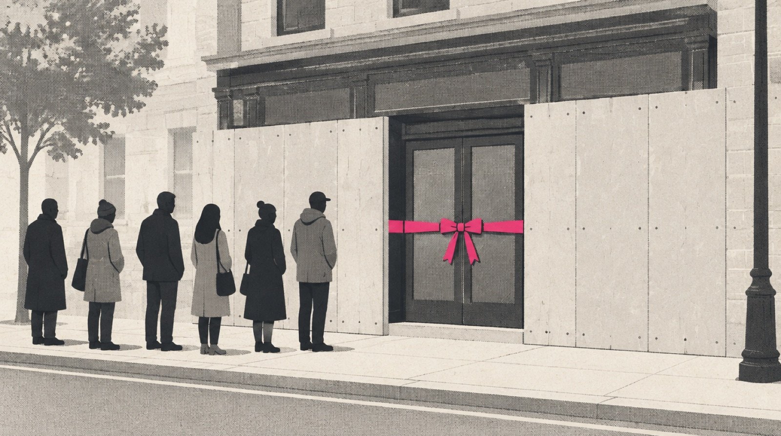 A storefront behind construction hoarding with a small queue of empty paper silhouettes forming outside, one magenta ribbon across the unopened door