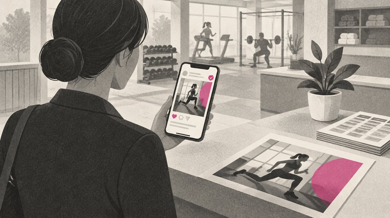 A regional manager at a gym front desk holds a phone showing an ad inside a social feed, while a printed version of the same ad lies on the counter with its headline cut off at the edge