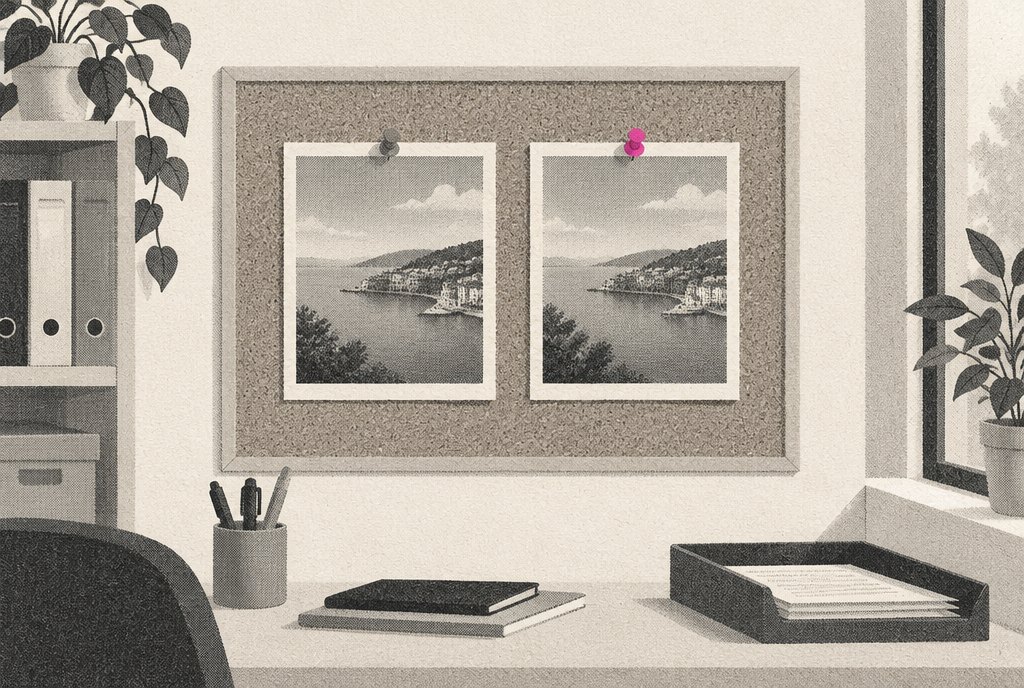 Two identical photographs pinned side by side on a corkboard in a small shop's back office, framed the same way, with a magenta pin marking the second one