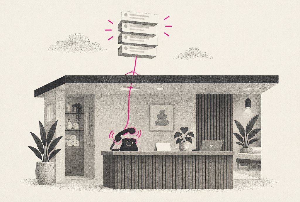 A small spa front desk where the phone is ringing on its own, and a thin magenta line runs from the phone up to a cloud of search results above the roof