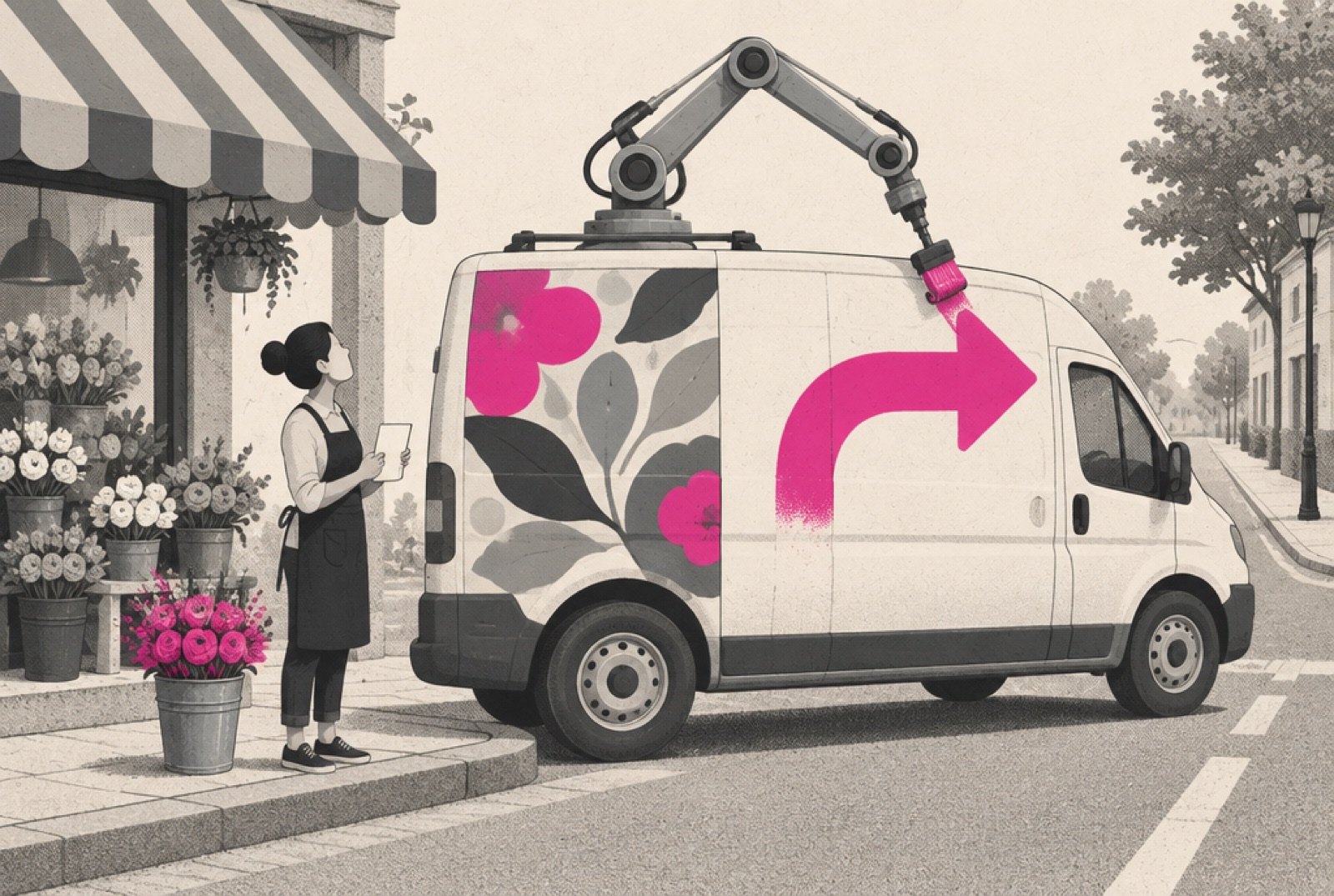 A florist's delivery van parked outside the shop, where a robotic arm on the roof has repainted half of the shop's name on the side panel and is turning the van's direction arrow toward a different street, while the owner stands on the curb with an order slip